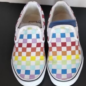 Vans W/6 M/4.5 Rainbow Checkerboard Slip-On Sneakers - White Base
